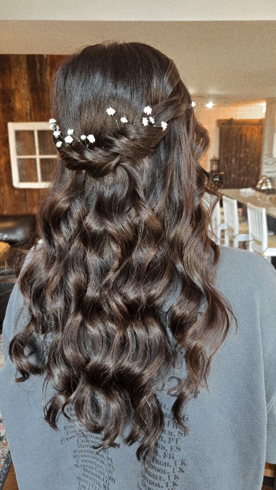 Half-up bridal waves with baby's breath — on-location wedding hair by Raya, Central Alberta